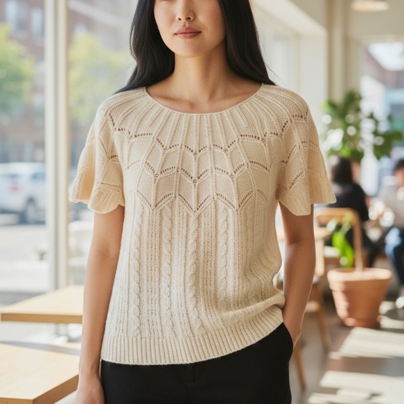 Tommy Bahama Cascade Lambswool Cream Knit Medium Short Sleeve Sweater - Picture 3 of 6